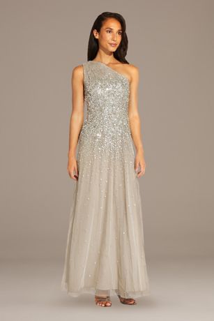 Mesh One-Shoulder Gown with Scattered ...